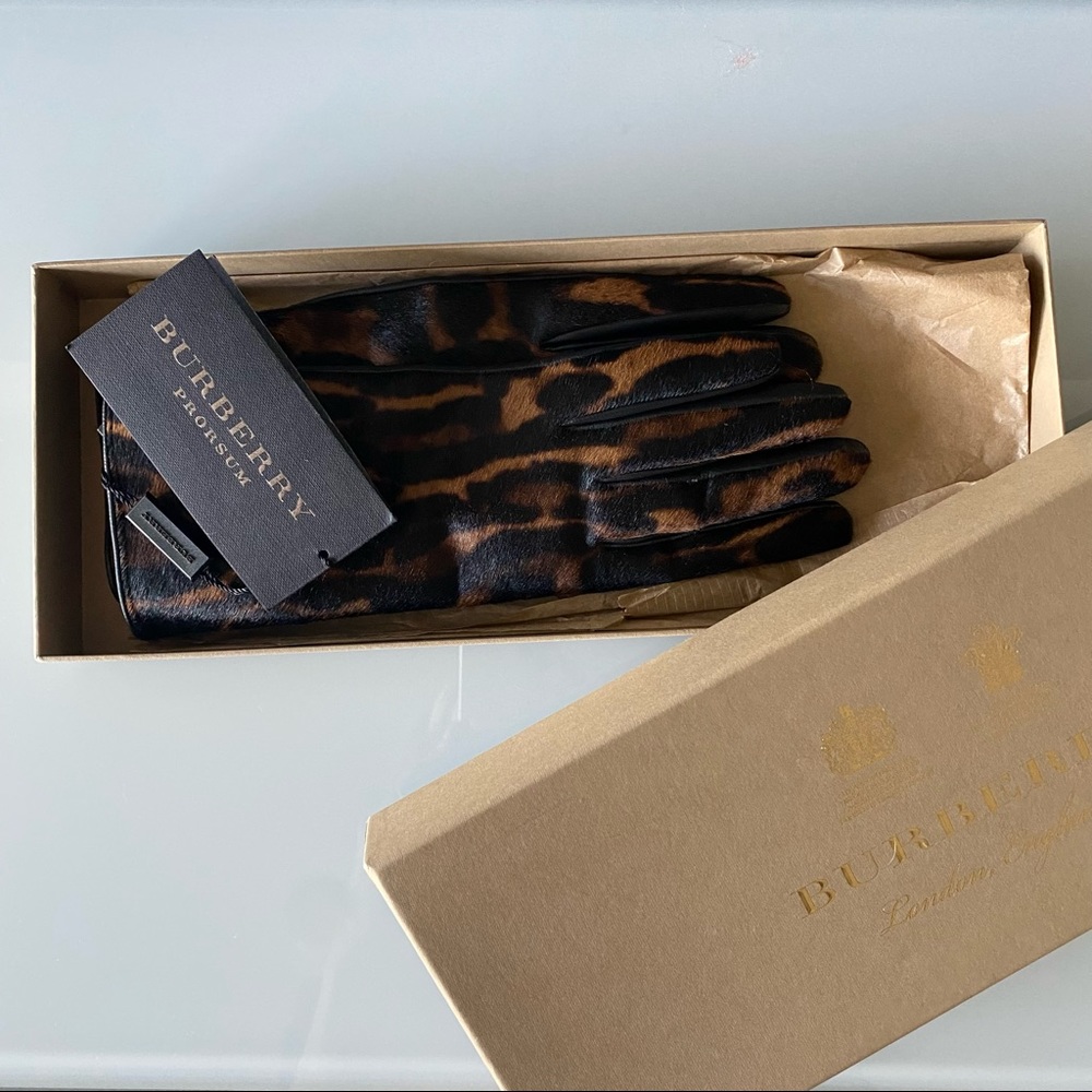 Burberry Prorsum animal print black leather/calf fur gloves, size 7.5